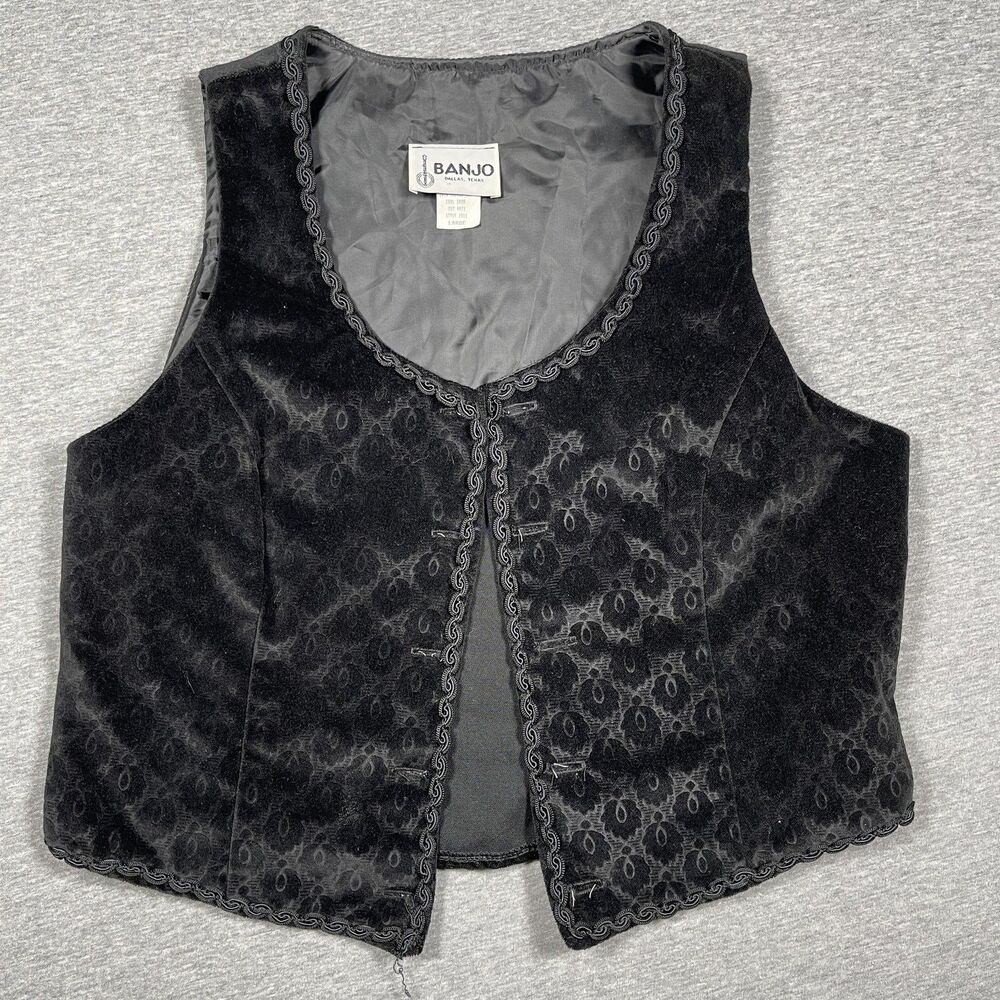Banjo Vest Womens L Black Velvet Lined Embroidered Floral Hook & Eye Formal